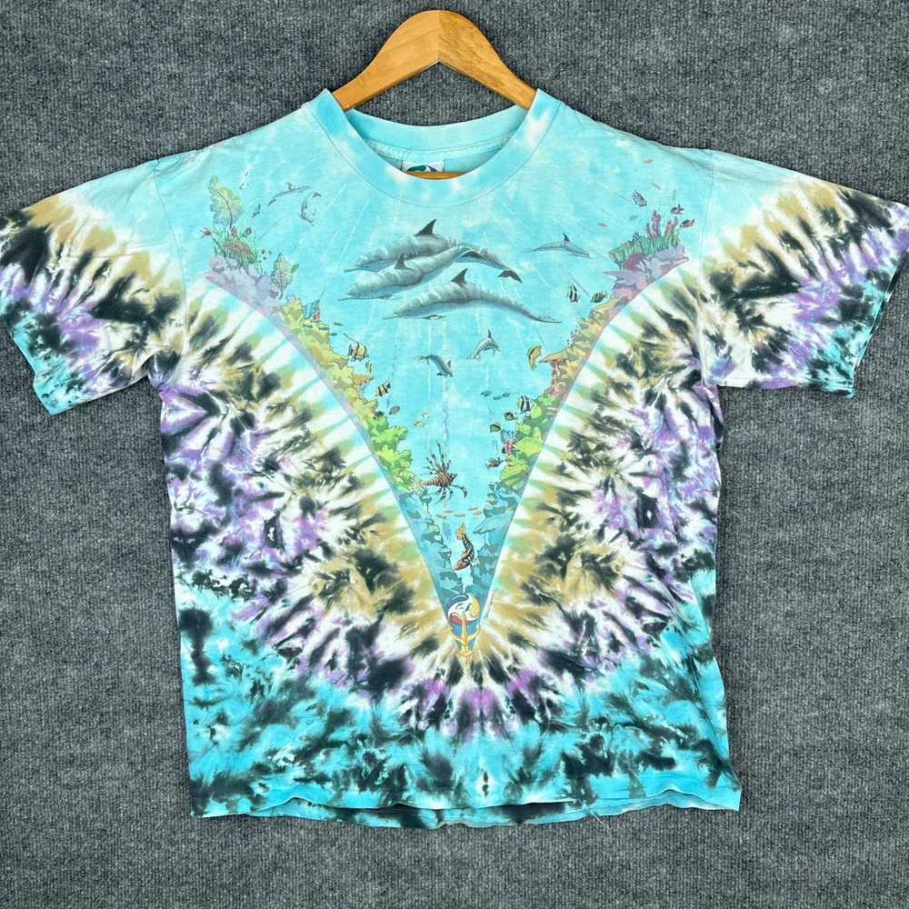 VTG 1990 Liquid Blue Tie Dye Ocean Dolphin T-Shirt XL AOP Single Stitch